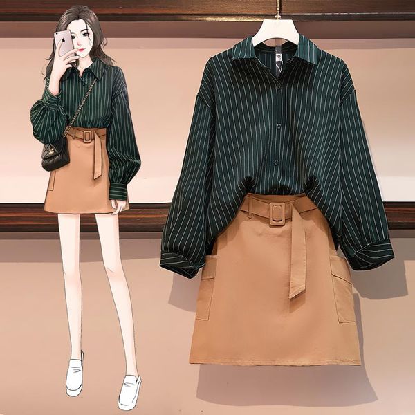 

women's tracksuits vintage 4xl plus size clothing fashion 2 piece set autumn year-old female costume and skirt, Gray