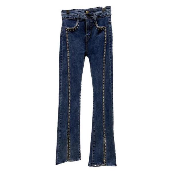 

women's jeans 2021 autumn fashion heavy work rhinestones beaded hem slit flared women slim stretch denim trousers tide s1670, Blue