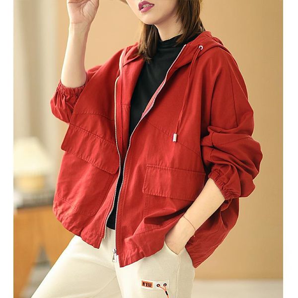 

women's jackets fairynatural spring autumn red zippers coat female pocket casual jacket loose women retro hooded coats harajuku streetw, Black;brown