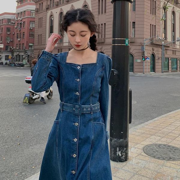 

casual dresses 2021 spring autumn women mid-calf length denim female sashes square collar single breasted jean vestidos z667, Black;gray