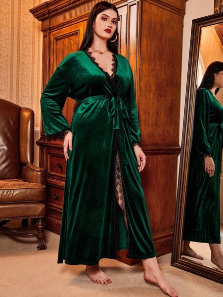 

plus 1pc lace trimmed belted velvet night robe v4o7#, Black;white