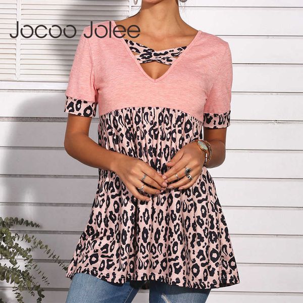 

jocoo jolee women short sleeve leopard print patchwork t shirt summer casual cross v neck slim shirt streetwear 210619, White