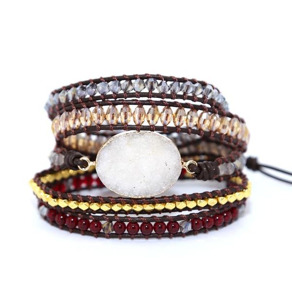 

tennis women wrap bracelet natural stones quartz charms 5 strands bracelets garnet beads handmade boho leather jewelery, Golden;silver