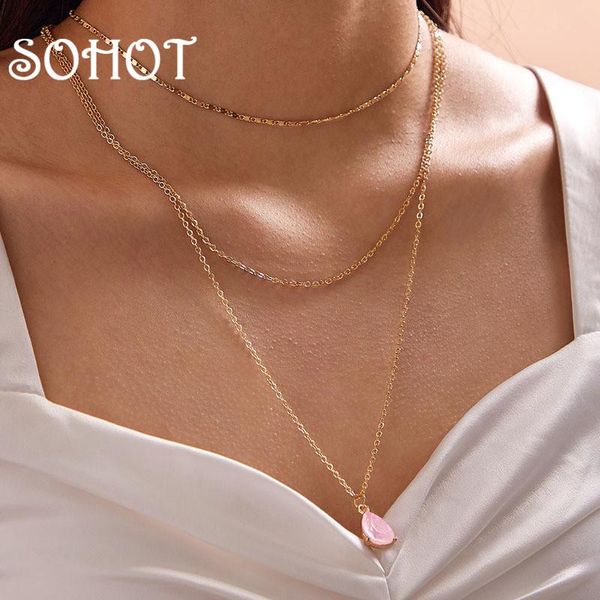 

pendant necklaces so romantic pink color water drop zirconia multilayet chain necklace chic trendy for female birthday jewelry, Silver