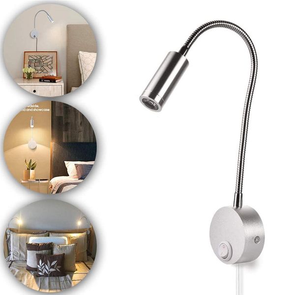 

ch bed side lamps with plug in cord wall light switch on/off matt black/silvery led 3w ac100-240v focusing lens for working study display
