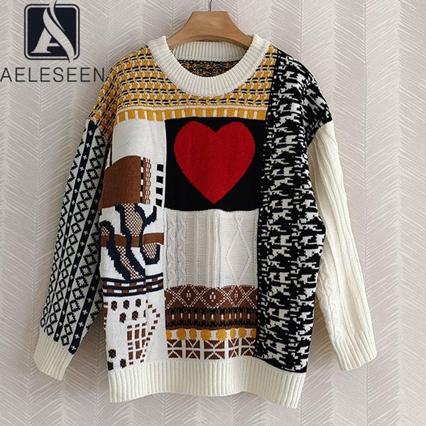 

women's sweaters aeleseen runway designer knitted women 2021 autumn winter lantern sleeve heart print contrast color casual knitting sw, White;black
