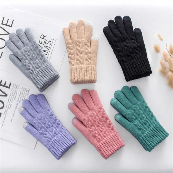 

five fingers gloves female winter students knitting warmth and thickening plus velvet cycling five-finger double twist, Blue;gray