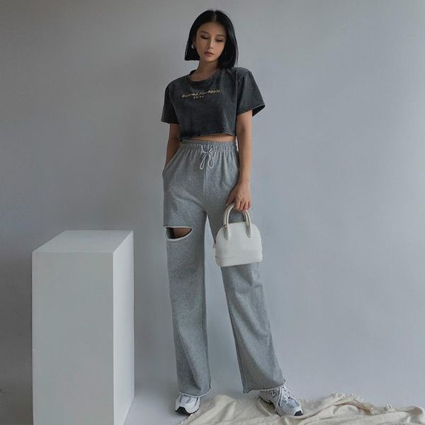 

women's pants & capris women solid color wide leg ripped destroy holes casual high waist long straight trousers hip pantalones autumn b, Black;white