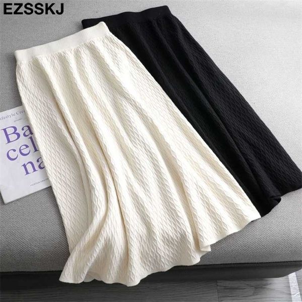 

casual a-line midi sweater thick skirt female autumn winter mid-length black elegant women 211124