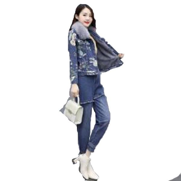 

casual thicken denim lapel print coat set winter warm fur collar jacket and elastic waist pants 2 piece suit women's two, White