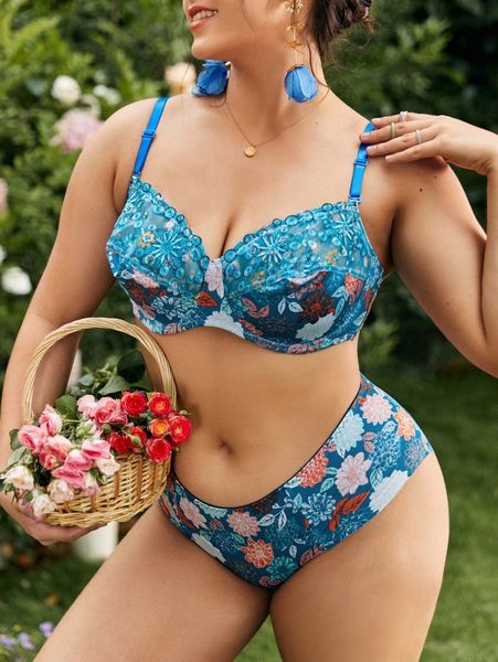 

plus floral print contrast lace underwire lingerie set o1r1#, Black;white