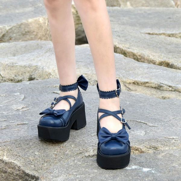 

dress shoes angelic imprint arrival punk lolita style flock leather women high heel chunky size 35-46 8018, Black