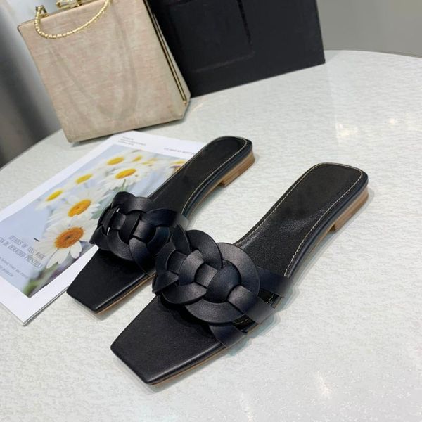 

summer one strap ladies flat bottomed slippers luxury open toe real leather cross weaving women, Black