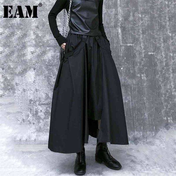 

[eam] high elastic waist black buckle split joint irregularhalf-body skirt women fashion tide new spring autumn 2021 1da108 210329