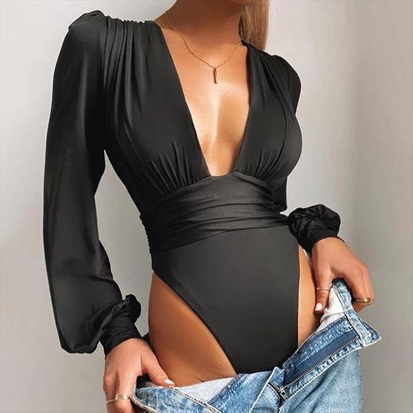 

black deep v neck bodysuit women jumpsuit puff sleeve bodycon solid casual party winter fashion bodysuits body, Black;white