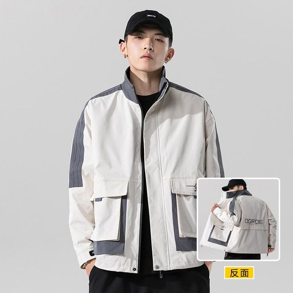

spring korean standing collar trend men's jacket color matching work handsome casual jackets, Black;brown