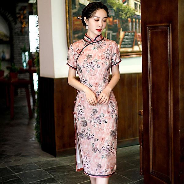 

ethnic clothing chinese print flower cheongsam mandarin collar autumu qipao large size 3xl wedding party dresses satin pink vestidos, Red