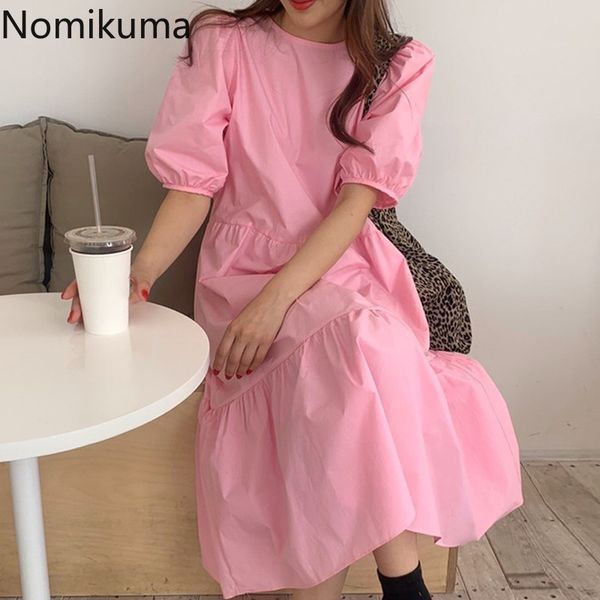 

nomikuma korean sweet puff sleeve dresses causal o-neck high waist a-line mid-calf vestidos new chic women dress 6g158 210427, Black;gray
