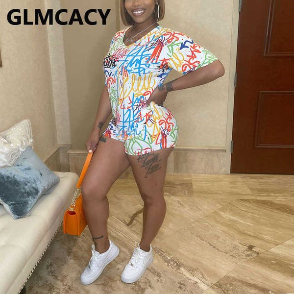 

graffiti printed casual rompers short sleeve summer chic playsuit 210702, White