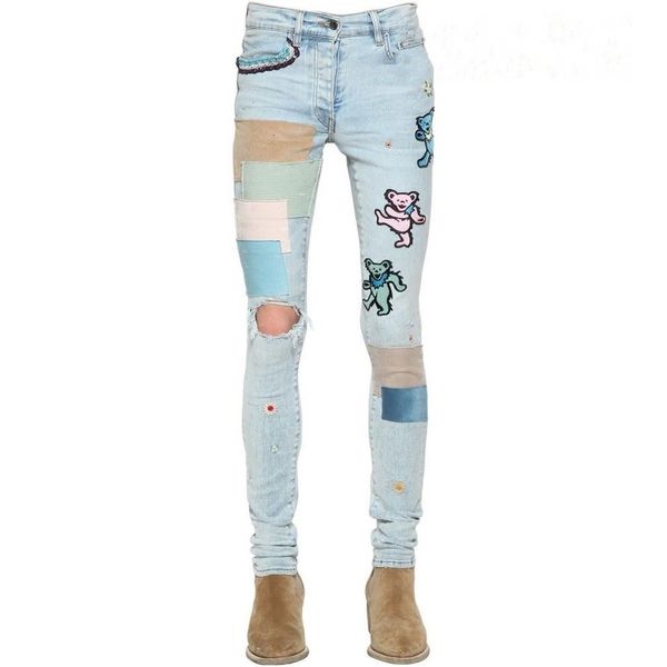

fashion brand fashion20ss am slp printed cub patch perforated jeans men's and women's high street fog fashion, Blue