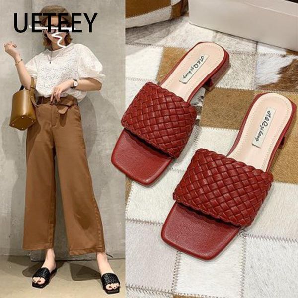 

2021/21 brand slippers weave leather women sandal open toe flat casual slides summer outdoor beach female flip flops, Black
