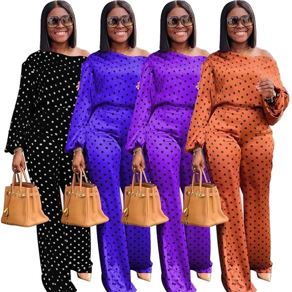 

est items women tracksuits fashion dot print slash neck long sleeves loose wide leg pants jogger two pieces outfits 220315, White