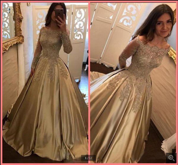 

vestido de festa 2021 gold satin ball gown prom dress vintage off the shoulder long sleeve modest party dresses beaded lace appliques stylis, Black
