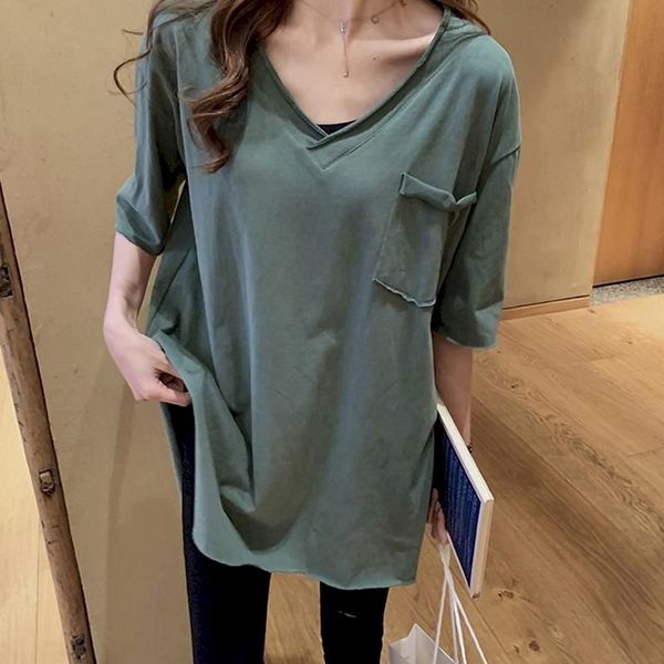 

women's t-shirt womens t-shirt korean v-neck short-sleeved loose large size medium long bottoming shirts woman tshirts summer cuu0, White