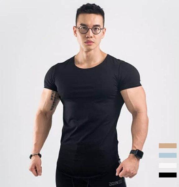 

men's t-shirt sports pure cotton fitness exercise bodybuilding short tight-fitting summer casual solid color running jerseys, Black;blue