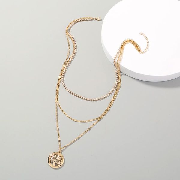 

chains fashion micro-inlaid zircon tree of life pendant necklace ladies multi-layer chain wild creative design cold wind jewelry, Silver