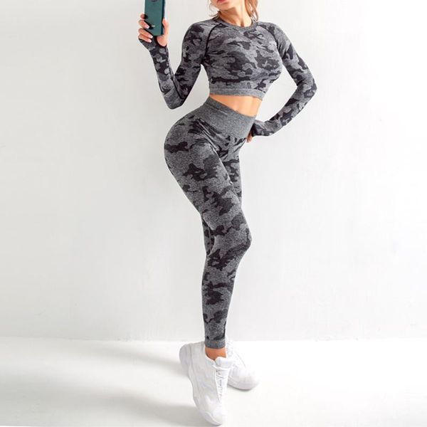 

yoga outfit camouflage set women seamless fitness clothing long sleeves + gym leggings woman workout