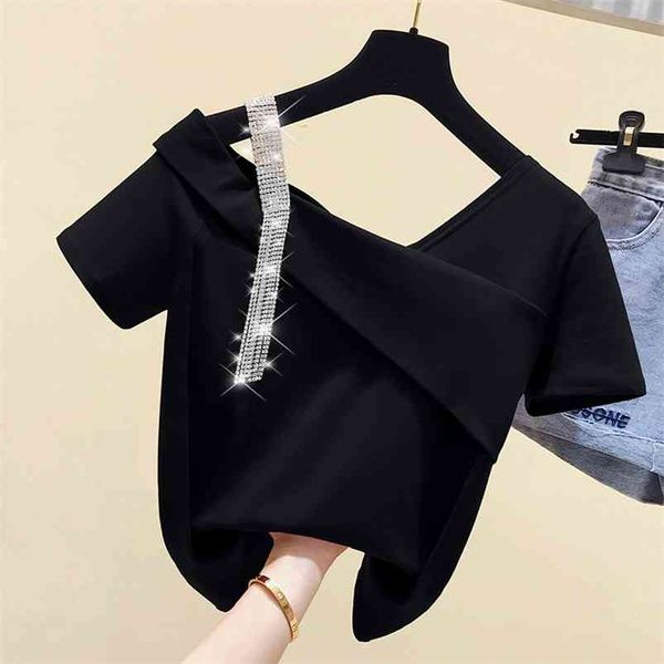 Senhoras Harajuku Um ombro manga curta T-shirt de verão Chique moda roupas preta sexy diamante camiseta 210623
