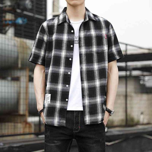

plaid shirt men's 2021 spring new short sleeve loose coat korean fashion casual men's shirt, White;black