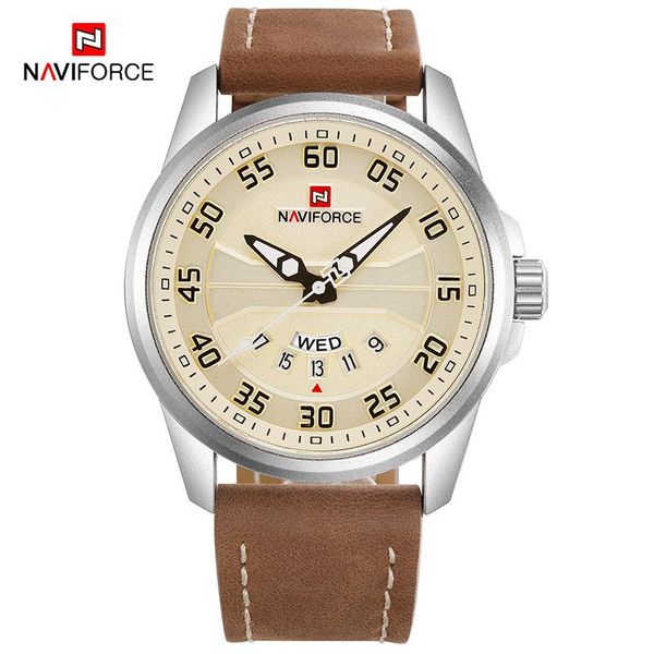 

wristwatches naviforce brand men sports watches men's quartz date clock man leather strap military waterproof wrist watch relogio mascu, Slivery;brown