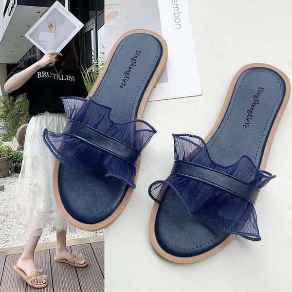 

slippers women's shoes, student slippers, outer wear fashion european and american beach lace 2021 flat sandals, Black