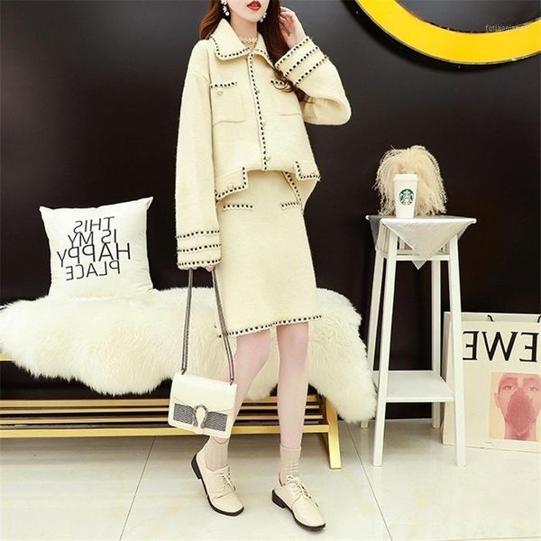 

women's tracksuits fashion suit autumn winter 2021 korean style solid color lapel temperament half-length skirt small fragrance two-pie, Gray