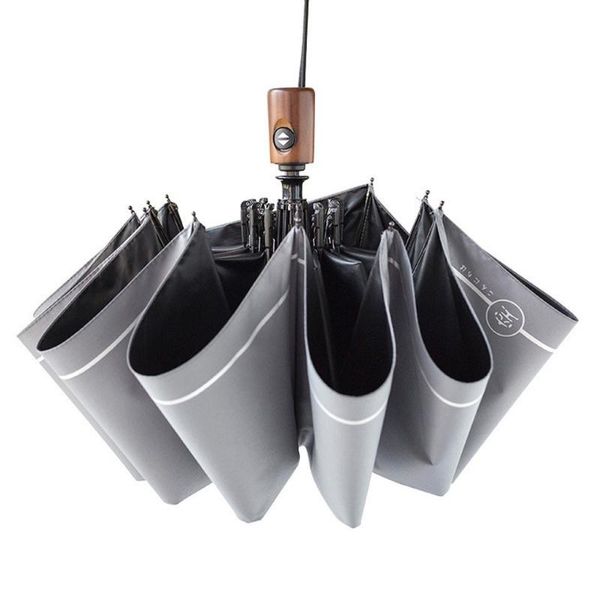 

umbrellas fully automatic wooden handle man fold umbrella wind resistance personality originality concise rain women parasol