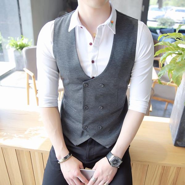 

men's vests 2021 classic formal business dress for men double breasted casual sleeveless wedding suit nightclub work waistcoat, Black;white