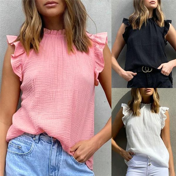 

women's blouses & shirts women elegant sleeveless summer solid color ruffle trim crew neck lady streetwear soft, White