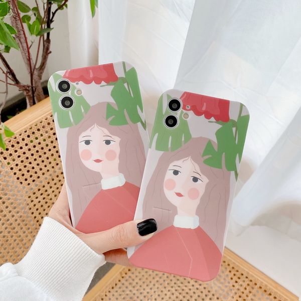

green leaf girl pattern liquid silicone rubber phone cases with holder for iphone 12 11 pro promax x xs max 7 8 plus