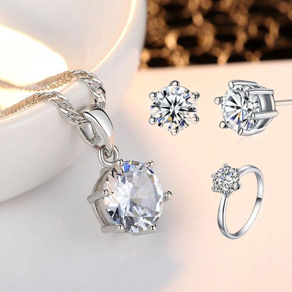 

earrings & necklace ekopdee fashion dainty zircon stud earring ring for women elegant engagement wedding jewelry set valentines gift, Silver