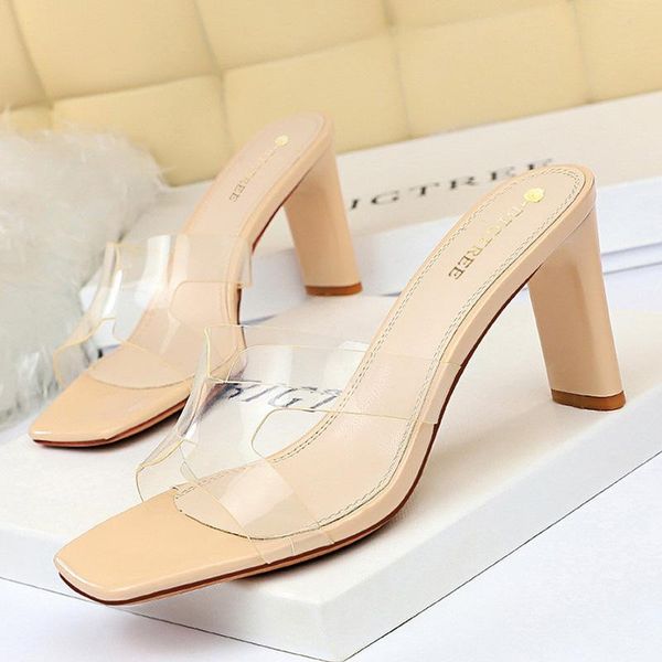 

dress shoes bigtree high heels slippers women slides pvc transparent mules fashion pumps square toe summer sandals, Black