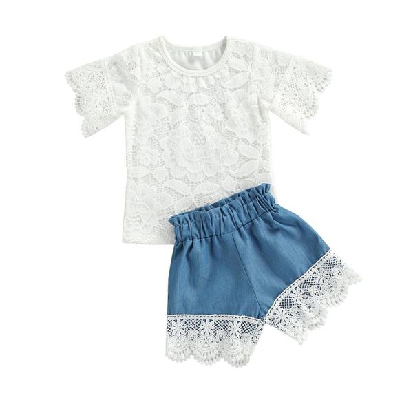 

2pcs toddler summerÂ clothes solid color o-neck short sleeves t-shirt + lace splicing shorts outfits suit for baby girls clothing sets, White