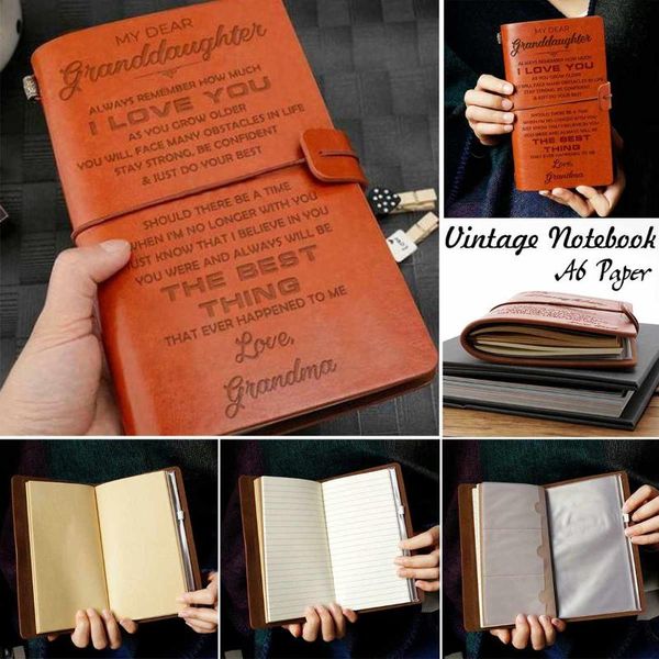 

20x12cm a6 engraved leather journal notebook diary to my dear granddaughter love grandma notepads, Purple;pink
