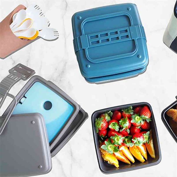 2100 ml tragbare Lunchbox mit Eisbeutel-Isolierung Bento 2-lagiger Lebensmittel-Aufbewahrungsbehälter für Picknick-Transport 210423