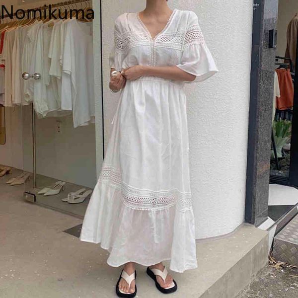 

nomikuma korea chic v-neck woman dress lace hollow-out flare short sleeve vestidos femme drawstring slim waist dresses 6g607 210427, Black;gray