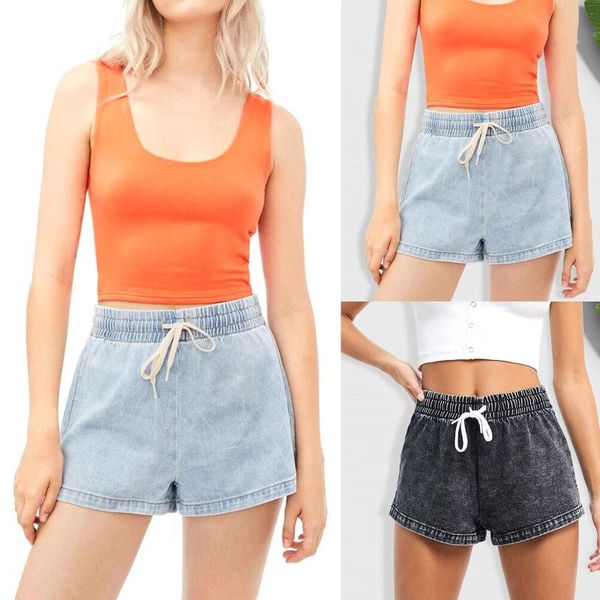 

women's denim shorts fashion concise korean style tightness elastic loose mid waist all -match pants gym clothing, White;black