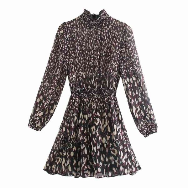 Abito da donna in chiffon traslucido con stampa leopardata Mini abito femminile a maniche lunghe Casual Lady Vestido allentato D6918 210430