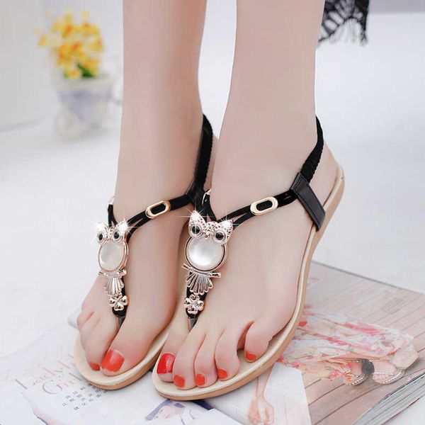 Frauenschuhe 2021 heiße Mode Frauen Sandalen elastische T-Riemen Böhmen Perlen Eule Slipper flache Sandalen Frauen Sommerschuhe Flip Flop Y0714