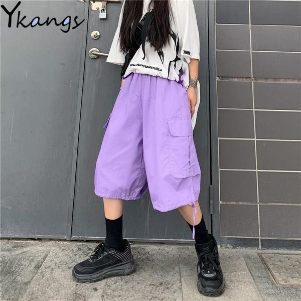 

women's pants & capris women purple wide leg baggy high waist harajuku cargo pockets streetwear loose joggers plus size female, Black;white